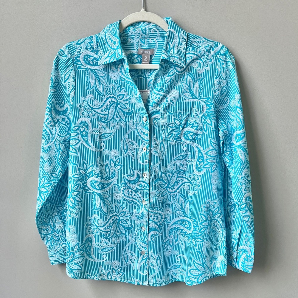 Chico's Button Up Shirt Women's 0 US Small New NWT Turquoise Blue Paisley Cotton